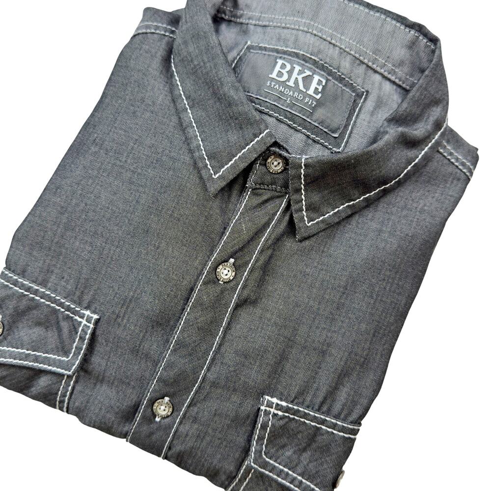 BKE LRG Standard Fit Heather Black White Stitching L/S Button Shirt Grunge Rock